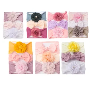 Korean Style 3 Piece Flower Bow Headband Set Soft Elastic Baby Kids Hair Accessories Custom Logo Newborn Gift