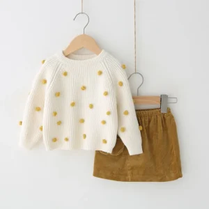 Korean Style Boutique Casual Little Girls Stylish Knitted Pullover Sweater with Pmpom