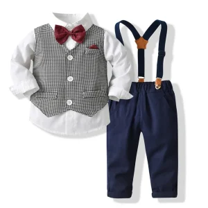 Korean Style Boy Gentleman Shirt Set Autumn Cotton Long Sleeve Shirt Waistcoat and Suspenders Boys 3 Piece Set