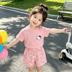 Korean Style Cartoon Cat Short Sleeve T Shirt and Shorts Set for Girls Stylish Two Piece Baby Set