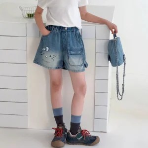Korean Style Cartoon Distressed Denim Shorts Elastic Waistband for Older Girls Summer New Arrival Stylish High Rise Hot