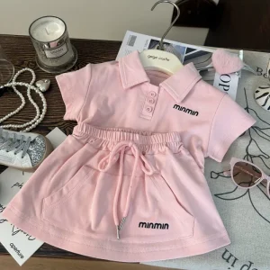 Korean Style Children’s Clothing New Summer Girl for Collar Cotton T-shirt Pink Culottes Two-piece Set
