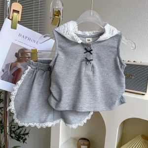 Korean Style Fashionable Girls’ Shorts Set Summer Baby Girl Clothes New Lace Hooded Thin Children’s Two piece Set