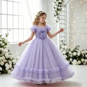 Korean Style Fluffy Flower Girl Wedding Gown Pink Big Bow Big Girl Dresses for 12 Years Old Grace Kid Prom Dresses for Party