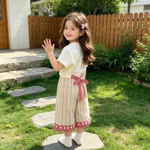Korean Style Girl’s Bow Tie Two Piece Short Sleeved Children’s Clothing Set Stylish and Trendy Summer Outfit