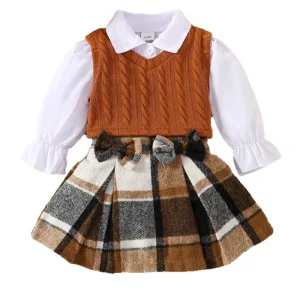 Korean Style Infant Girl Suit Long Sleeved Shirt+vest+pleated Skirt Kid Clothes for Set Cute Red Children’s Set for Birthday