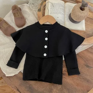 Korean Style Spring Autumn Children’s Clothing Solid Color Black Sweater for Baby Girl