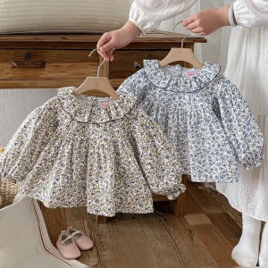 Korean Style Spring Autumn Kids Clothing Blouses Long Sleeve 100% Cotton Floral Ruffles Princess Girl Shirt