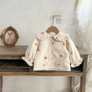 Korean Style Spring Girls’ Baby Corduroy Embroidered Turn-Down Collar Floral Shirt Sweet Cute Baby Top