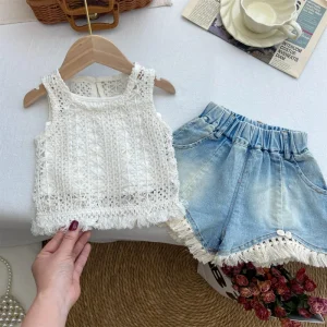 Korean Style Summer Clothing Set for Girls Hollow Camisole Top & Casual Jeans Outfit