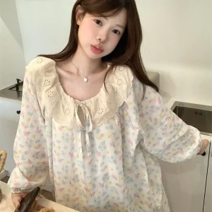 Korean Style ins Autumn New Sweet Floral Lace Loose Lazy Homewear Girl Pajama Set Trendy