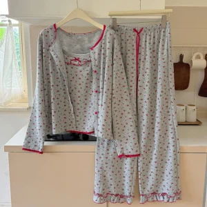Korean Style ins Autumn and Winter New Pastoral Floral Girl Lace Sweet Long Sleeve Homewear Pajamas Three Piece Set