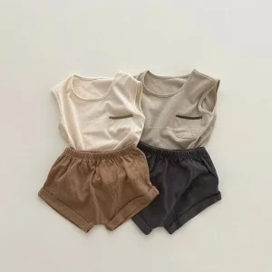 Korean style Cotton Kids Clothing Summer Outfit Sleeveless Minimalist Solid color Set Babies Casual Retro Infant Clothes