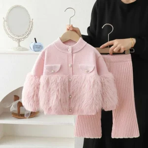 Korean-style Solid Color Furry Cardigan Knitted Set for Girls Two-piece Kids Sweater Outfit for Autumn and Winter