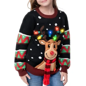 LED Light Reindeer Xmas Sweater Built in Light Bulbs O Neck Unisex Girls 100% Cotton Jumpers Knitwear Pullover Kid’s Christmas
