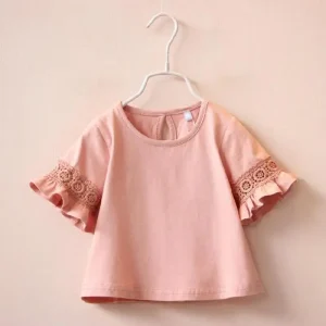 Lace Hollow Flounce Sleeve Baby Girls T-shirt Summer Princess Style Girls Top Clothes Children Blouse Kids White T Shirt
