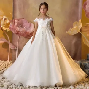 Lace Royal Princess Flower Girl Wedding Gown Floor Length Sleeveless Birthday Party Formal Dress