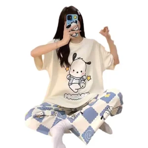 Ladies Milk Silk Satin Nightwear Pajamas for Women Set Short Sleeve Cartoon Home Wear Girls Sleep Wears