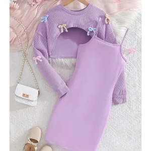 Latest Casual Solid Winter Girls’ Two Piece Hip Hop Fashion Dress with Sleeve and Knitted Half-Length Sweater