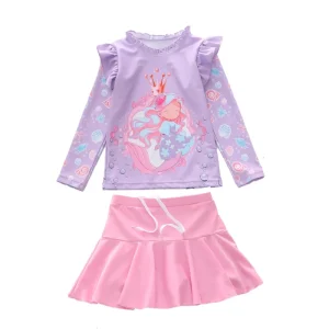 Latest Cute Bathing Girls Swimwear Flower Print Factory Price Swimming Wear Baby Girl Long Sleeve Mermaid Rash Bathing Suit