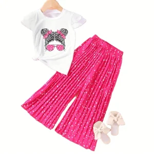 Latest Fashion Girls’s Clothing Sets Cartoon Personality Head Short Sleeve + Wide Leg Pants Casual Two-Piece Girls Set