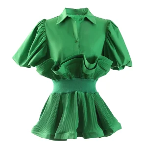 Latest Fashion Ruffled Waist Shirt Autumn Fashionable Girls Top Puff Short Sleeve Chic Solid Color Ruffles Decorate Blouse