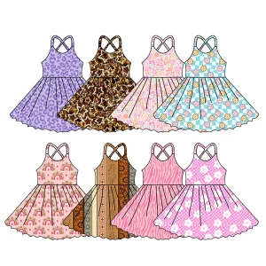 Latest Spring Girls Lovely Clothing Custom Design Sleeveless Cross Back Knee Length Girl’s Dresses