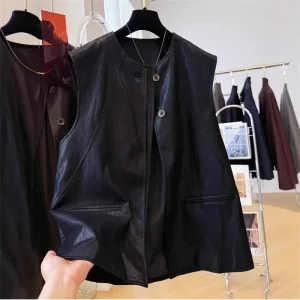 Leather Waistcoat Women’s Spring Autumn New Arrival Chubby Girls Neck Sleeveless Layered Vest Coat Top High end Vintage 120