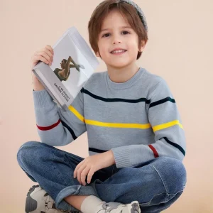Light Gray Striped Breathable Boys Sweater Pullover Crew Neck Long Sleeve Winter Casual Children Knit Top