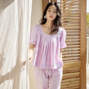 Light Purple 100% Cotton Girls Sleepwear Set Women’s Cute Pajamas with Elastic Waist Long Pants Puff Sleeves for Summer Autumn