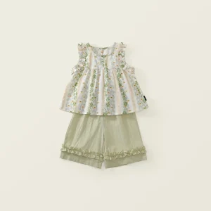 Lightweight Breathable Sleeveless Floral Top and Ruffle Shorts Set Kids Girls Outfit for Hot Summer Daily Wear