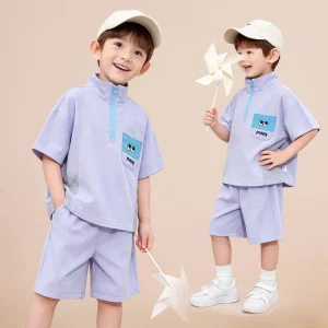 Little Boys Light purple Short Sleeve Tracksuit Set Half Zip Stand Collar Pocket Casual Sports Kids Summer Two Piece Outfit