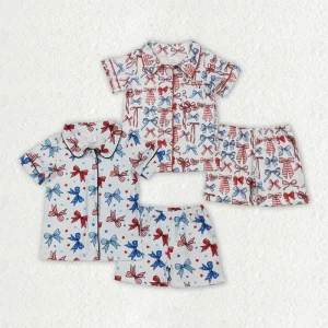 Little Girl 4th of July Pajamas Coquette Bows Print Short Sleeve Button Down Shirt Top Elastic Shorts Sleepwear Sets