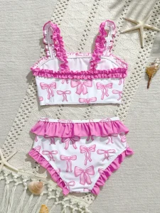 Little Girl Pink Bow Print Swimwear Ruffle Strap Piece Bikini for Beach Vacation