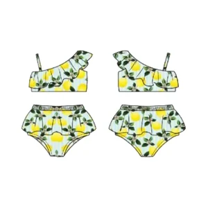 Little Girls Bikini Lemon Floral Print Ruffle Swimwear Matching Kids Toddler Swimsuits