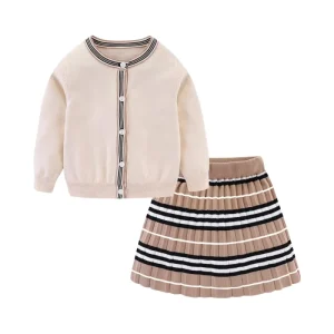 Little Girls Casual School Style Set O Neck Ribbed Knit Cardigan and Skirt Set Crocheted Solid Pattern Kid Clothes Set
