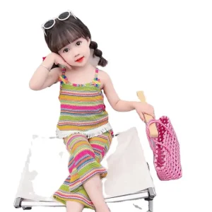 Little Girls Clothing Sets Korean Version Cute Vest Top Flare Pants Nine-point Pants Fashion Clothing 2-12y Kids Sweet Suit Set