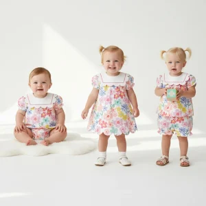 Little Girls Floral Pattern Scalloped Hem Bib Collar Dress Custom 95% Cotton Sibling Matching Boutique Kids Girls Summer Dress