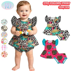 Little Girls Leopard Zebra Print 2Pcs Outfit Set Flutter Ruffle Sleeve Peplum Top + Bloomer Shorts Premium Bamboo Toddler Summer