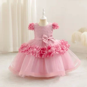 Little Girls’ Princess Dress Bow Summer Style Mesh Dress Lace Decoration Solid for Flower Girls