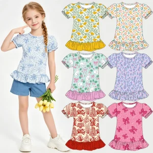 Little Girls Puff Sleeve Tunic Top Ruffle Flounce Hem Summer Shirt High Quality Kids Soft Peplum Blouse Casual Top