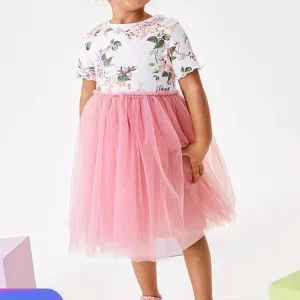 Little Girls Short Sleeve Dresses Kids Print Flower Tulle Party Dress