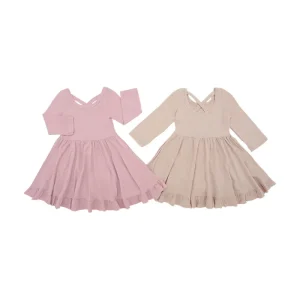 Long Sleeve Ball Gown Dress for Girls Kids Clothing Ruffle Bow Plain Dyed Technique O Neck Little Girl’s Fashion