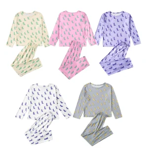 Long Sleeve Kids Pajamas Cotton Custom Sleepwear Dinosaur Print Tee & Pants Girls Pajama