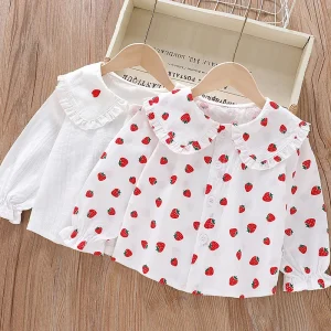 Long Sleeve Spring and Autumn Cotton Lapel Lace Blouse Girls Shirt
