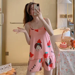Lovely Girl Summer Pajamas Set Fashion Print Sleeveless Top Shorts Two Piece Set New Female Casual Sleepwear