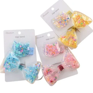 Lovely Hair Accessories Clear PVC Sequin Bow Elastic Hair Tie Cute Cat Duck Hair Clip 2 PCS Card for Kids