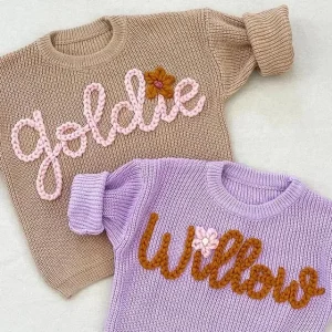 Low MOQ Custom Name Knitted Chunky Sweater Hand Embroidered Baby Girls Sweaters