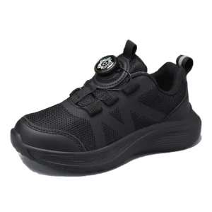 Low MOQ Kids Black School Shoes Boys Casual Sneakers OEM Rotate Button Comfort Breathable Children Sport Shoes