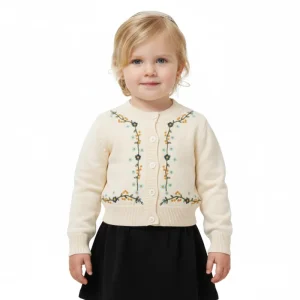 Low Moq Custom Children Knit Sweater Crew Neck Long Sleeve Girls Knit Cardigan Cotton Embroidery Button Kids Knit Cardigan